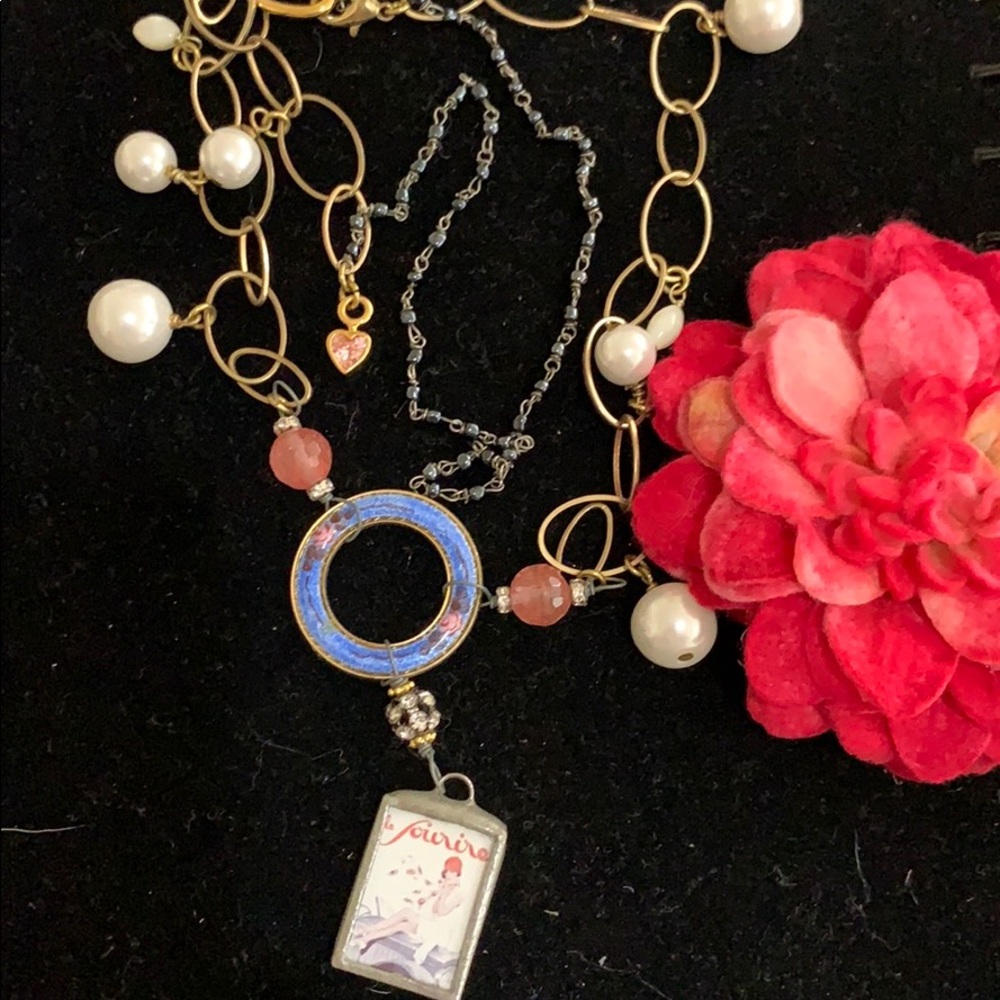 Handcrafted Multi-Strand Pendant Necklace with Blue Enamel and Pink Accents